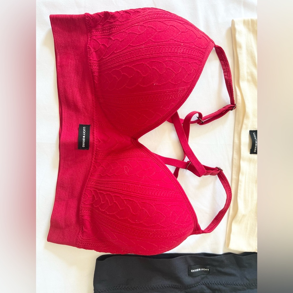 Lucky Brand Wire Free Rib Bra Set of 3- Red, Black, Cream - Picture 2 of 5